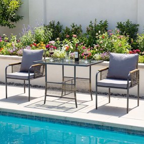 Conjunto Jardim de 3 peças de vime com almofadas, mesa retangular e cadeiras para varanda ou jardim castanho e cinza escuro