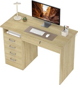 Secretária moderna com 5 gavetas 110 x 50 x 76 cm, tampo amplo, 1 compartimento aberto, gaveta com fechadura, cor carvalho