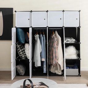 Armário Guarda Roupa portátil com 16 cubos para o quarto com 2 barras suspensas 146 x 46,5 x 146 cm Preto e Branco