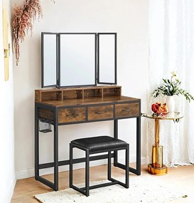 Conjunto toucador com banco estofado com espelho triplo, 3 gavetas 90 x 40 x 141 cm castanho vintage-preto