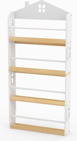 Estante infantil desenho Casa 61 x 15 x 130 cm com 4 níveis com barreiras antiqueda e barra metálica Branco e Natural