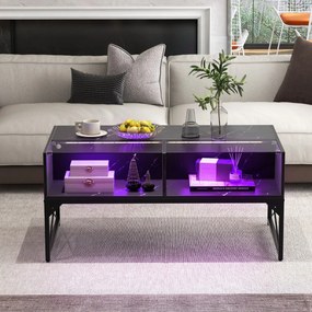 Mesa de centro com luzes LED de alto brilho com tampo de mármore sintético e tampo de vidro temperado com 4 cubos Preto