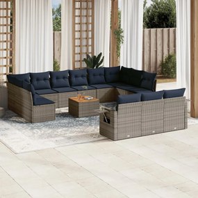 vidaXL 14 pcs conjunto sofás p/ jardim c/ almofadões vime PE cinzento