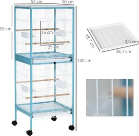 Gaiola para Pássaros com Rodas de 2 Níveis  com Bandejas Removíveis Portas Comedouros Poleiros 51,5x50x140 cm Azul