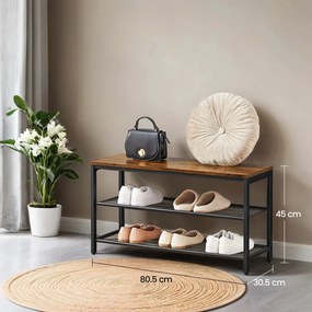 Banco sapateira com 2 prateleiras em estilo industrial 80 x 30 x 44,5 cm (C x L x A) castanho escuro/vintage
