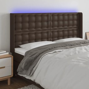 Cabeceira cama c/ LED couro artif. 203x16x118/128 cm castanho