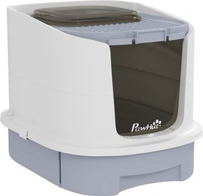 PawHut Caixa de Areia para Gatos Fechada com Entrada Frontal Saída Superior Tampa Amovível Bandeja e Pá 40,5x52,5x42,5 cm Branco e Cinza | Aosom Portugal