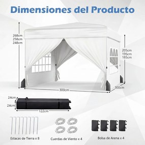 Tenda Dobrável de Exterior feiras, eventos, festas, 300 x 300 x 250-268 cm, 4 Paredes Removíveis e 4 sacos areia, Branco