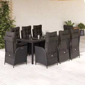 9 pcs conjunto de jantar p/ jardim c/ almofadões vime PE preto