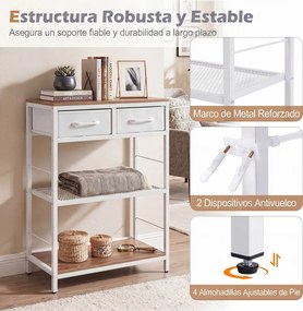 Mesa de Consola com Gavetas e Estantes, 60 x 30 x 81 cm, Estrutura Metálica, Natural e branco