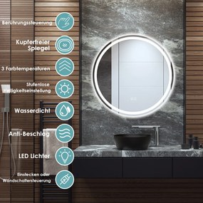 Espelho redondo de banheiro LED com 3 temperaturas de cor 61 cm de diâmetro