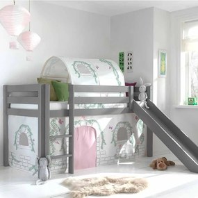 Conjunto Cama alta de Criança PINO 90 x 200 cm + estrado + escada + escorrega + tunel + cortina Passaros Cinzenta