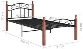 Estrutura de cama 90x200 cm metal/madeira carvalho maciça preto