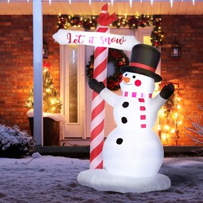 Boneco de neve insuflável altura 213 cm com cartaz de 3 LEDs, em poliéster impermeável, branco