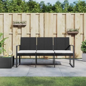 vidaXL Banco de jardim de 3 lugares com almofadões vime PP preto