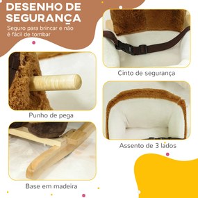 Cavalo Baloiço para Crianças de 18-36 Meses com Sons Cinto de Segurança e Base de Madeira Carga 25 kg 68x33x45 cm Castanho