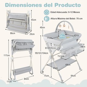 Mudador fraldas dobrável com banheira, 3 alturas ajustáveis, rodas com travão, brinquedos e espaço de arrumação, portátil para recém-nascidos, cinzent