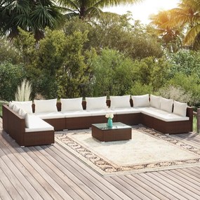 vidaXL 11 pcs conjunto lounge jardim c/ almofadões vime PE castanho