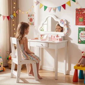 Conjunto de Toucador Infantil com Cadeira, 59 x 35 x 103,5 cm, Espelho em Forma de Nuvem com Luz LED, Branco