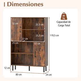 Armário, estante de arrumação 80 x 24 x 119,5 cm, compartimentos abertos, portas e pés em metal para casa, escritório e sala de estar - castanho Rústi