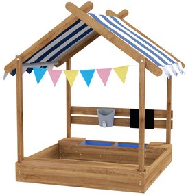Outsunny Caixa de Areia para Crianças de Madeira com Toldo Torneira e Ardósia para Pátio Jardim 124x116x146 cm Castanho