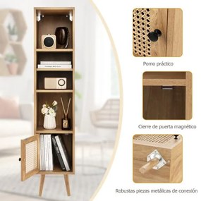 Armário de arrumação em rattan Armário de arrumação autónomo com porta Estante ajustável para sala de estar 29,5 x 29,5 x 137 cm Natural