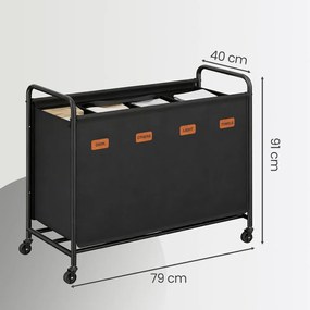 Cesto para roupa suja com 4 compartimentos com 200 l e rodas, 79 x 40 x 91 cm Preto