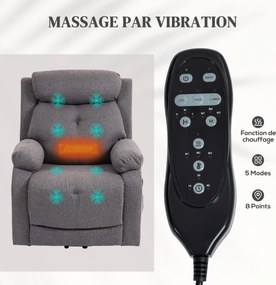 Poltrona elevatória elétrica com função de massagem e aquecimento, poltrona reclinável, portas USB, apoio para os pés, 86 x 94 x 105 cm, cinzenta