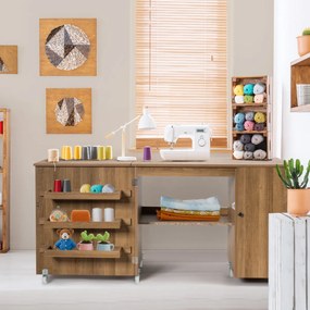 Mesa dobrável de costura rebatível com rodas bloqueáveis e armário com porta 158 x 50 x 75 cm Castanho