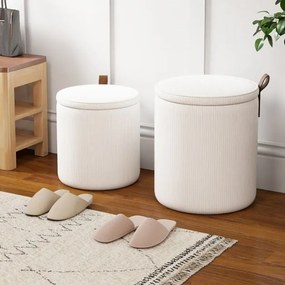 Conjunto de 2 pufes redondos com arrumação, bancos toucador estofados com tampos removíveis e assentos acolchoados, apoio para os pés multiusos bege