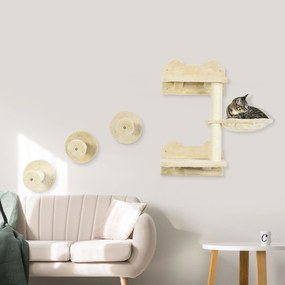 Conjunto de Prateleiras de Parede para Gatos de 4 Peças com 3 Postes de Sisal Rede e 1 Plataforma para Saltar de 3 Níveis Bege