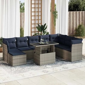 9 pcs conjunto sofás jardim almofadões vime PE/acácia cinzento