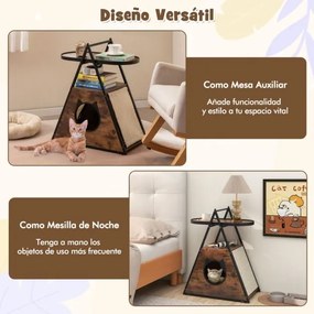 Armário para gatos caverna oculto com mesa de apoio Casa para gatos com 2 Estantes Estrutura em A Caverna para gatos Castanho