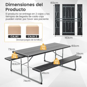 Mesa de piquenique dobrável de 183 cm para 8 pessoas com 2 bancos Estrutura metálica Furo para guarda-sol Preta