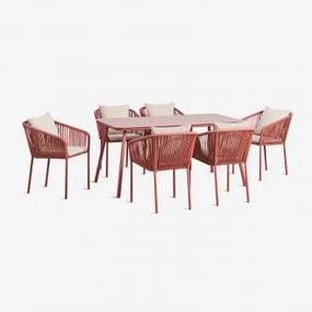Conjunto De Mesa Retangular 160x90 Cm E 6 Cadeiras De Jantar Em Corda Trançada Arhiza Classic Terracota - Sklum