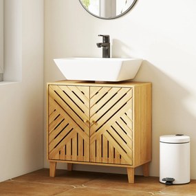Móvel para Lavatório (NÃO INCLUIDO) Pousar em Bambu com Portas Ripadas Armário de Casa de Banho para Lavatório sem Pedestal 60x30x60 cm Madeira