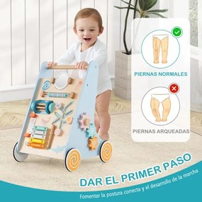 Andarilho de madeira para bebés Centro de atividades de aprendizagem para empurrar e puxar azul