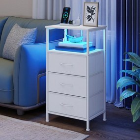 Mesa de cabeceira 30 x 39,6 x 75,9 cm com iluminação LED e base de carregamento, com 3 gavetas e compartimento aberto, branca