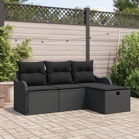 Conjunto de Sofá de Jardim vidaXL 4 Peças com Almofadas Pretas de Ratt