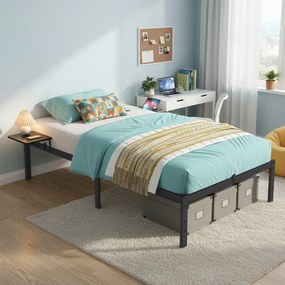 Estrutura de cama de casal em metal 200 x 90 x 40,6 cm (COLCHÃO NÃO INCLUIDO) com prateleiras de arrumação em preto