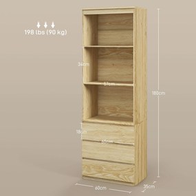 Estante com 60 x 35 x 180 cm com 3 prateleiras e 3 gavetas painéis de aglomerado com cor efeito de madeira