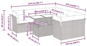 9 pcs conjunto sofás jardim almofadões vime PE/acácia cinzento