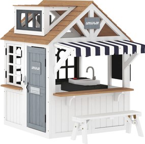 AIYAPLAY Casinha infantil exterior em madeira, casa infantil exterior com portinhola, utensílios de cozinha, banco e campainha, branco | Aosom Portugal