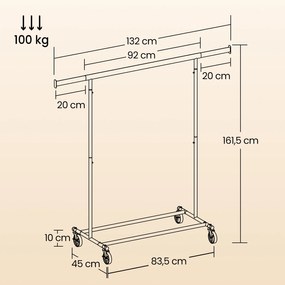 Guarda roupa com Rodas com varão extensível para roupa 45 x (92-132) x 161,5 cm Preto