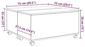 Mesa de centro com roda carvalho artisiano 75 x 75 x 38 cm