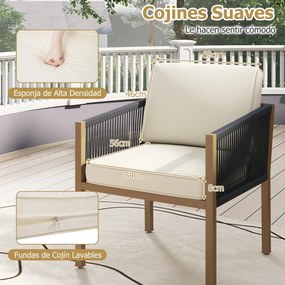 Conjunto Jardim de 3 peças de mobiliário de exterior em corda trançada com almofadas, para terraço, jardim ou varanda Castanho, preto e bege