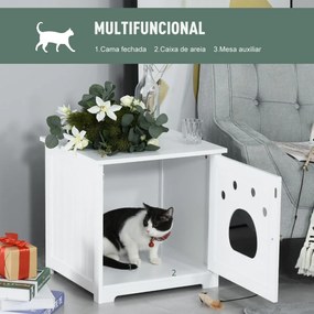 Casa para Gatos de Madeira Caixa de Areia para Gatos com Porta e Entrada em Forma de Garra para Descansar 48x51x51cm Branco