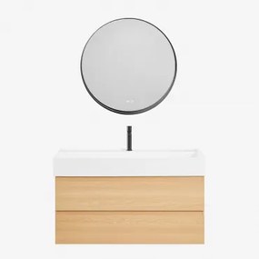 Conjunto De Móvel De Casa De Banho Em Madeira E Chapa De Freixo Com Lavatório Integrado Ona Madeira Natural & Redondo Led - Sklum
