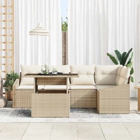 Conjunto de Sofá de Jardim 6 Peças com Almofadas Bege em Rattan