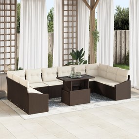 Conjunto de Sofá de Jardim com 11 Peças e Almofadas Castanho em Rattan